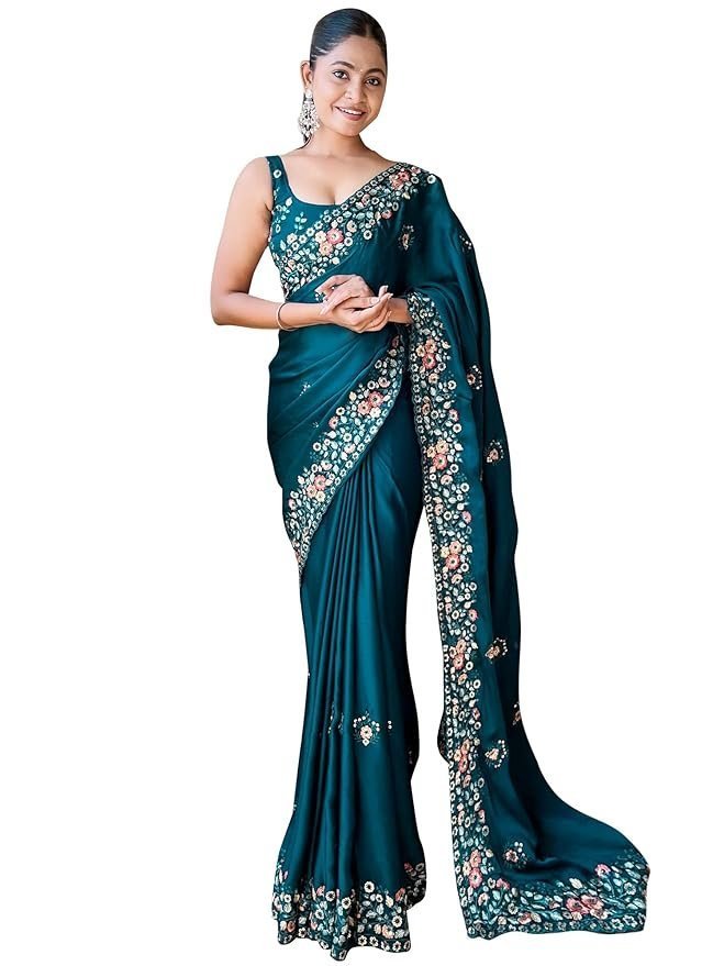 71KvOIu1MSL._SY879_.jpg Women's Multicolor Chiffon Embroidered Saree with Unstitched Blouse - Image 1